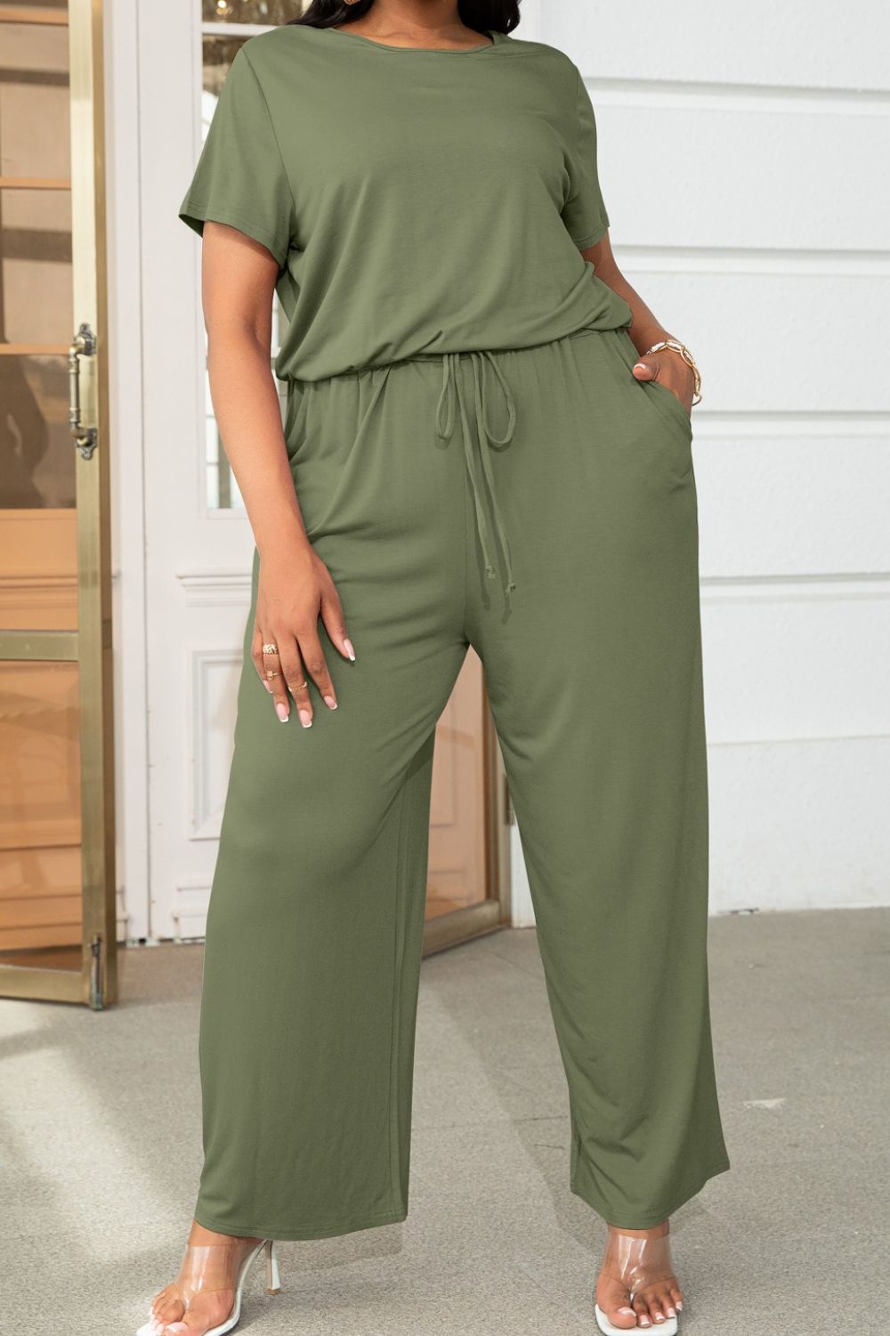 Emma Plus Size Drawstring Waist Short Sleeve Jumpsuit