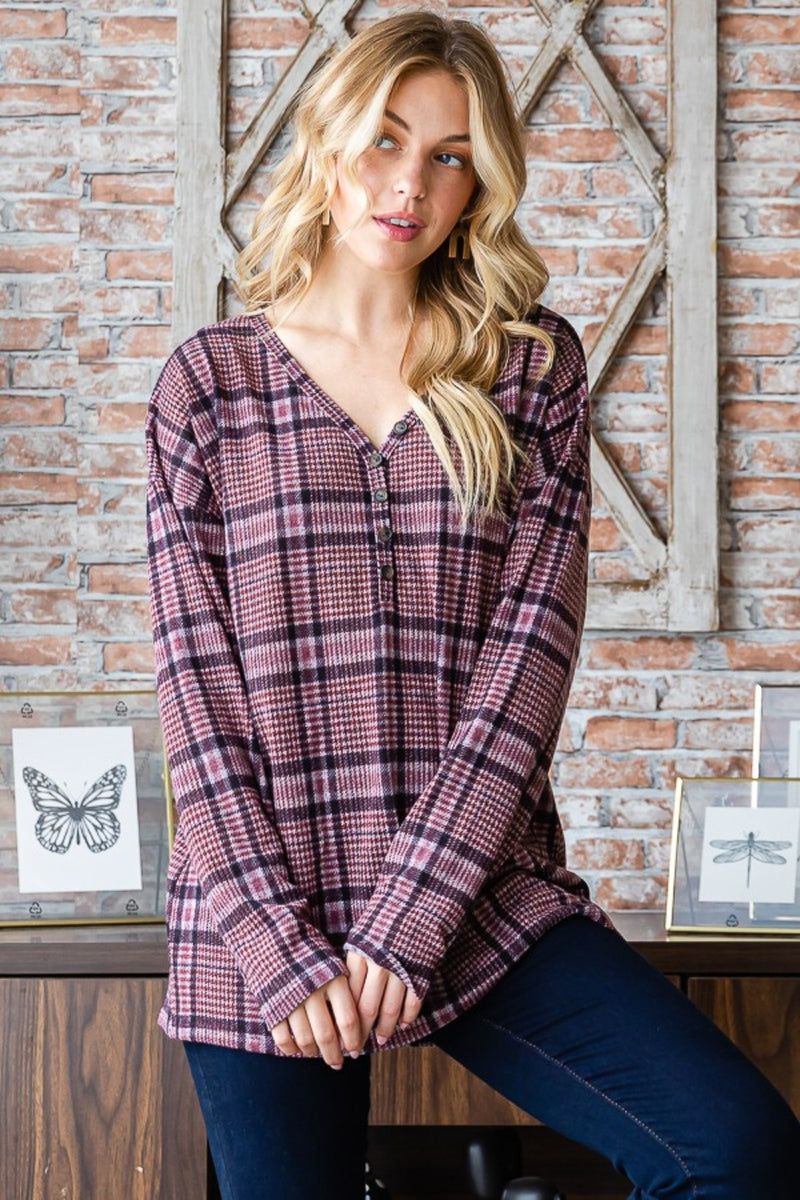 Cherise Plaid V-Neck Long Sleeve Top