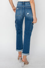 Hailey High Rise Cargo Ankle Roll Up Straight Jeans by RISEN