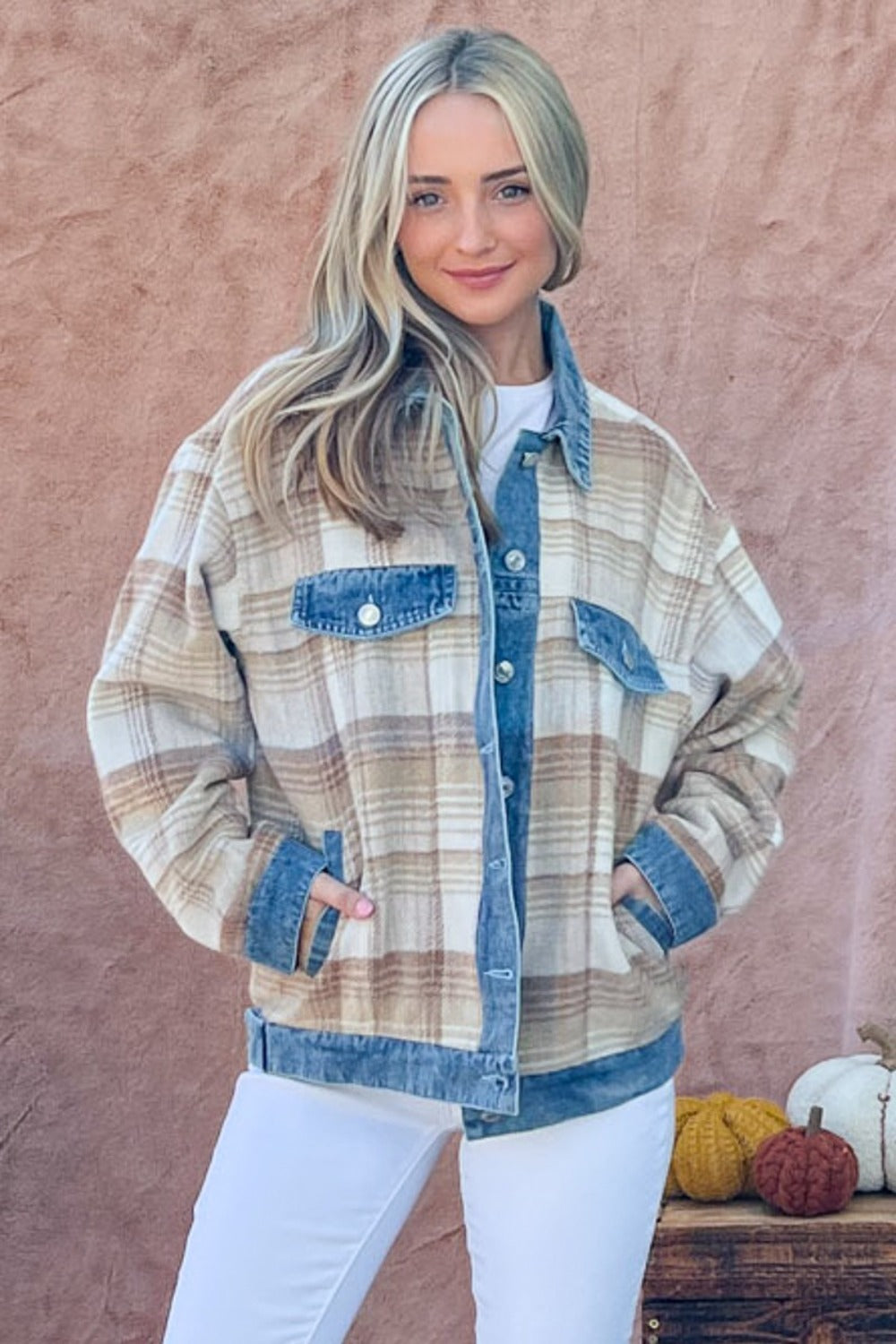 Maggie Washed Denim Detail Brushed Plaid Jacket