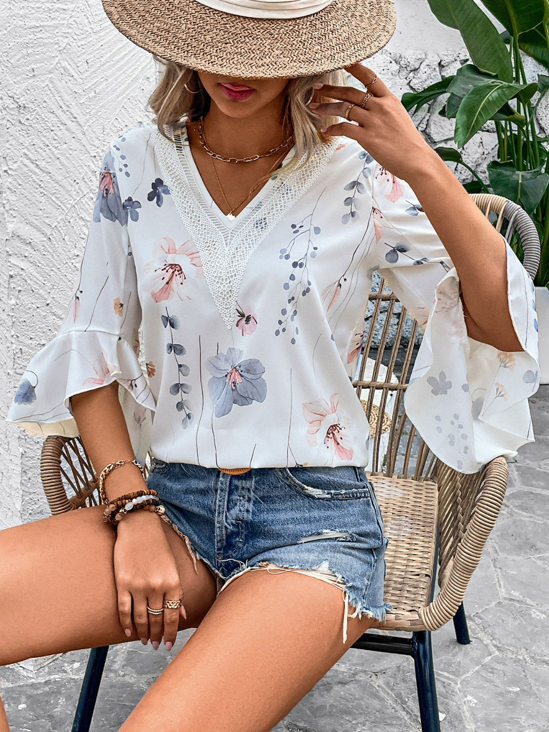 Rya Ruffled Printed V-Neck Blouse