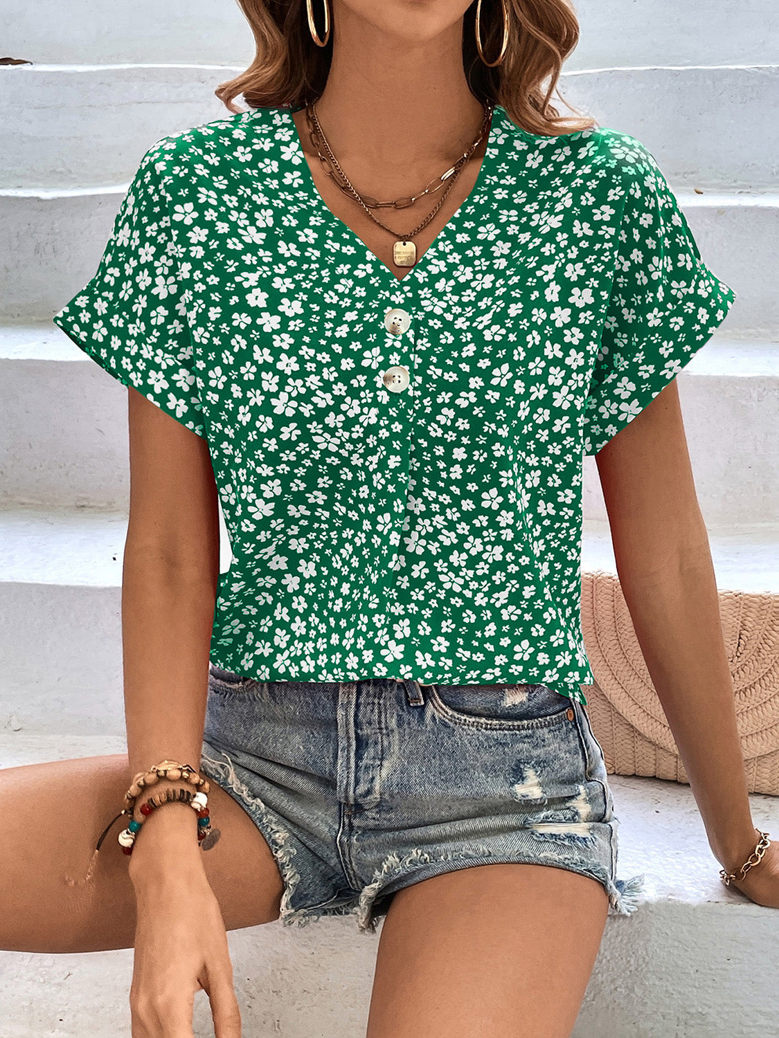 Karina Printed V-Neck Short Sleeve Blouse