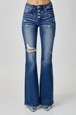 Jennifer RISEN Distressed Button-Fly Flare Jeans