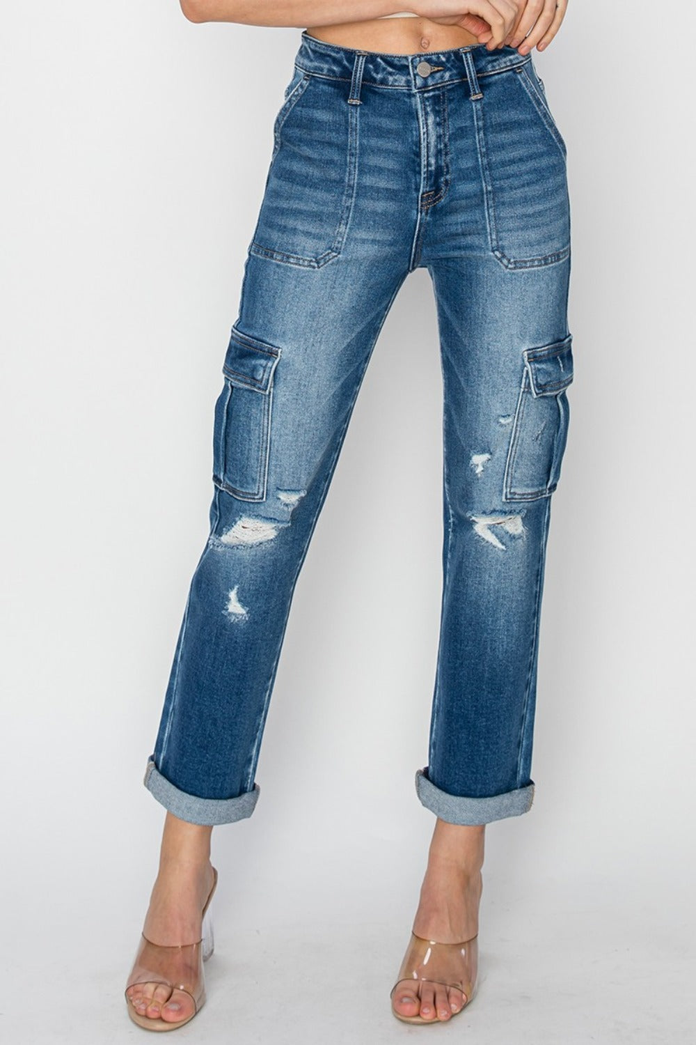 Hailey High Rise Cargo Ankle Roll Up Straight Jeans by RISEN