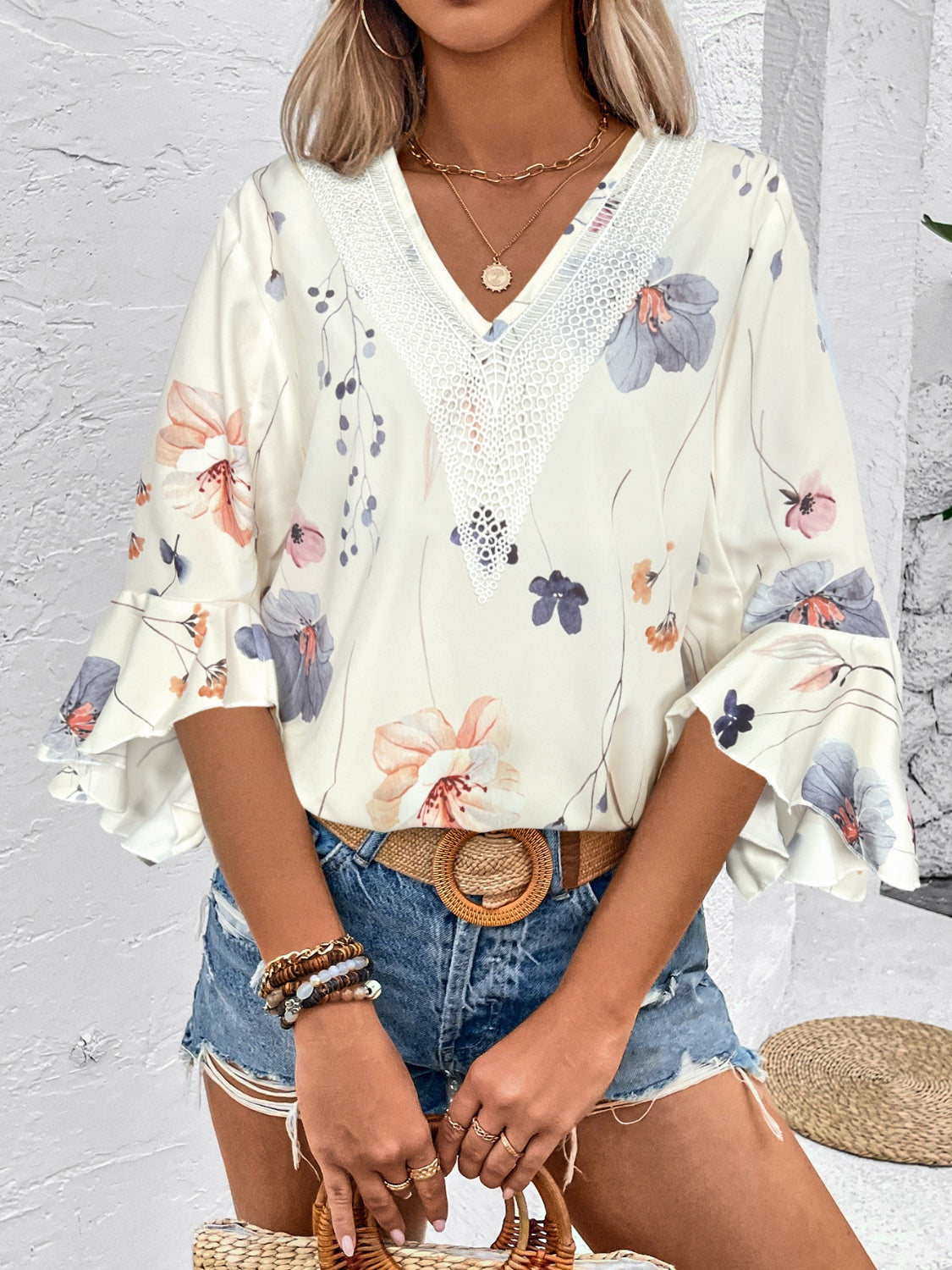 Rya Ruffled Printed V-Neck Blouse