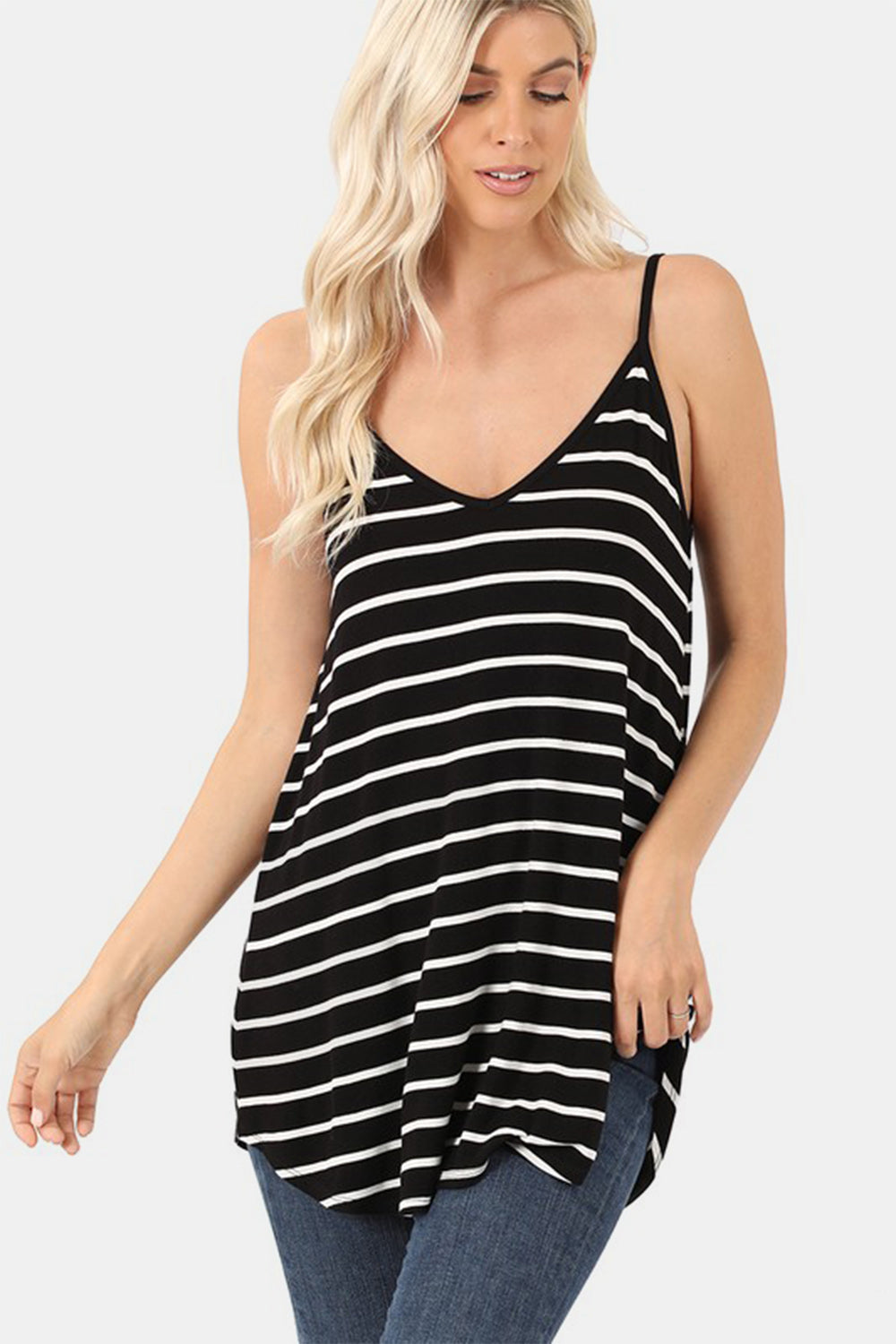 Striped V-Neck Curved Hem Cami