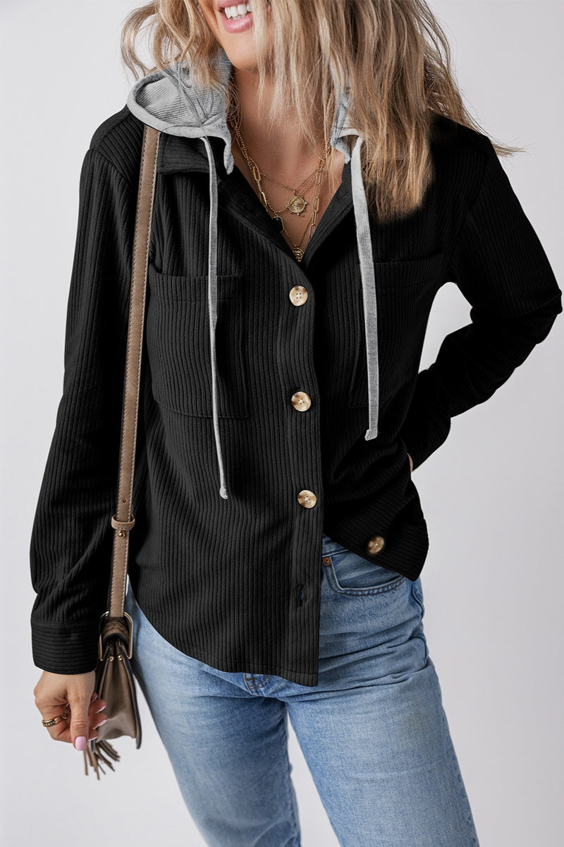 Lila Drawstring Button Up Hooded Jacket
