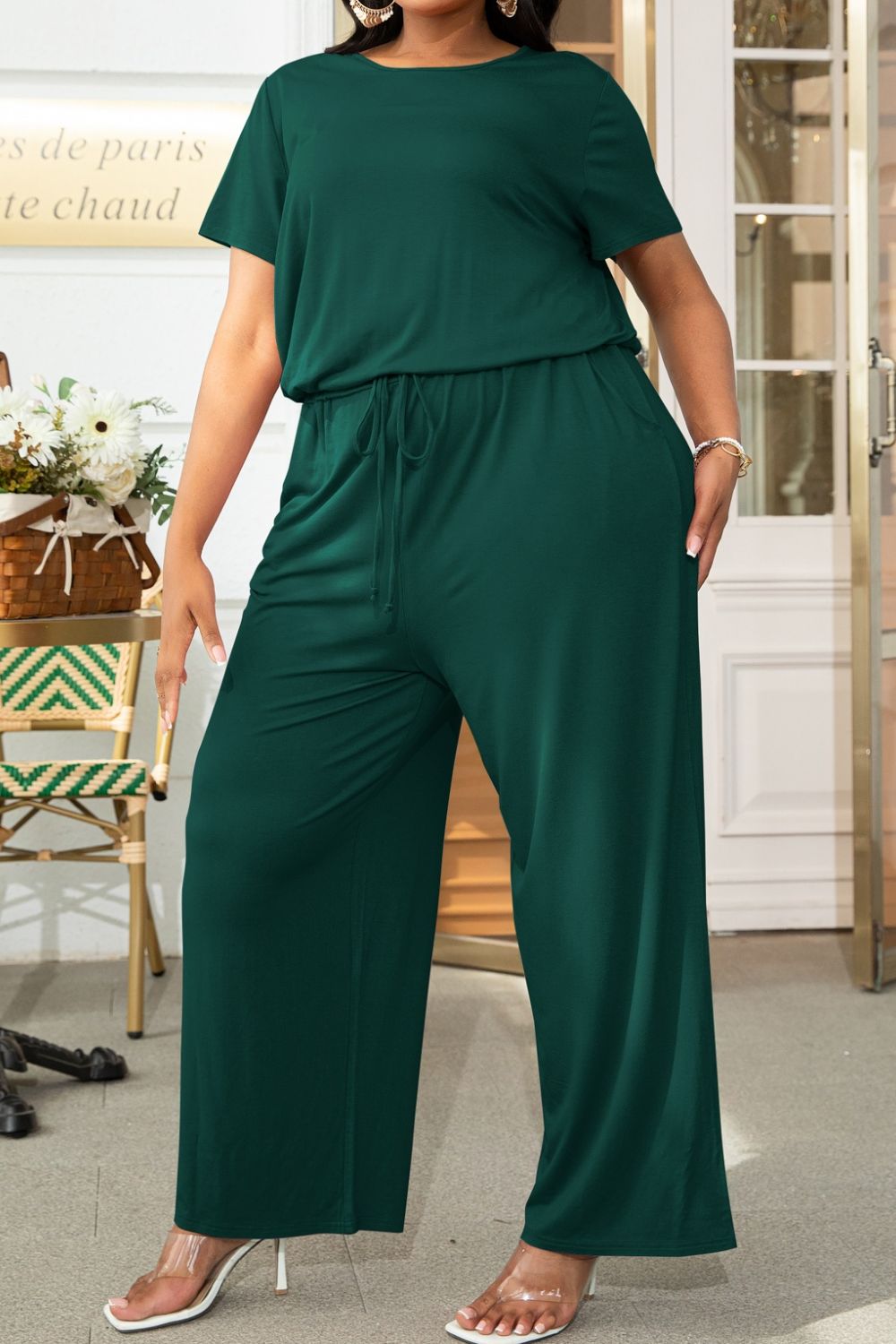 Emma Plus Size Drawstring Waist Short Sleeve Jumpsuit