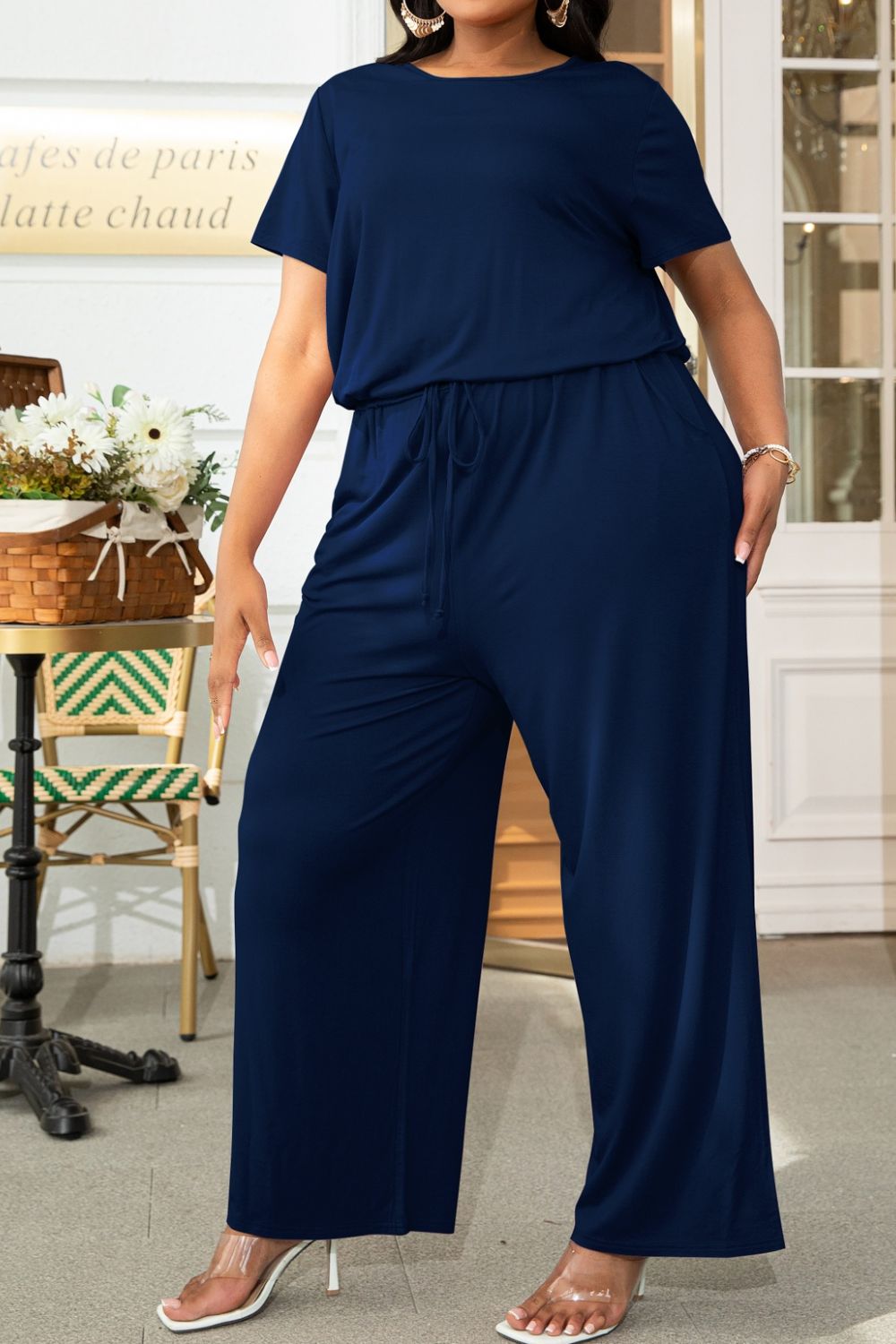 Emma Plus Size Drawstring Waist Short Sleeve Jumpsuit