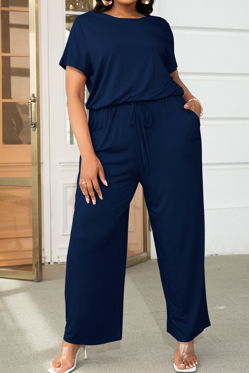 Emma Plus Size Drawstring Waist Short Sleeve Jumpsuit