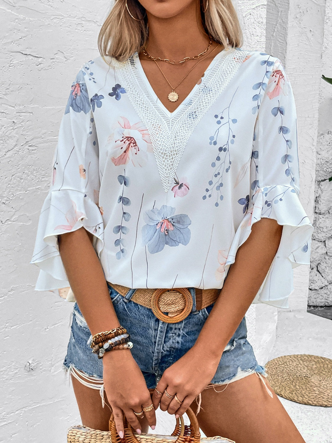 Rya Ruffled Printed V-Neck Blouse