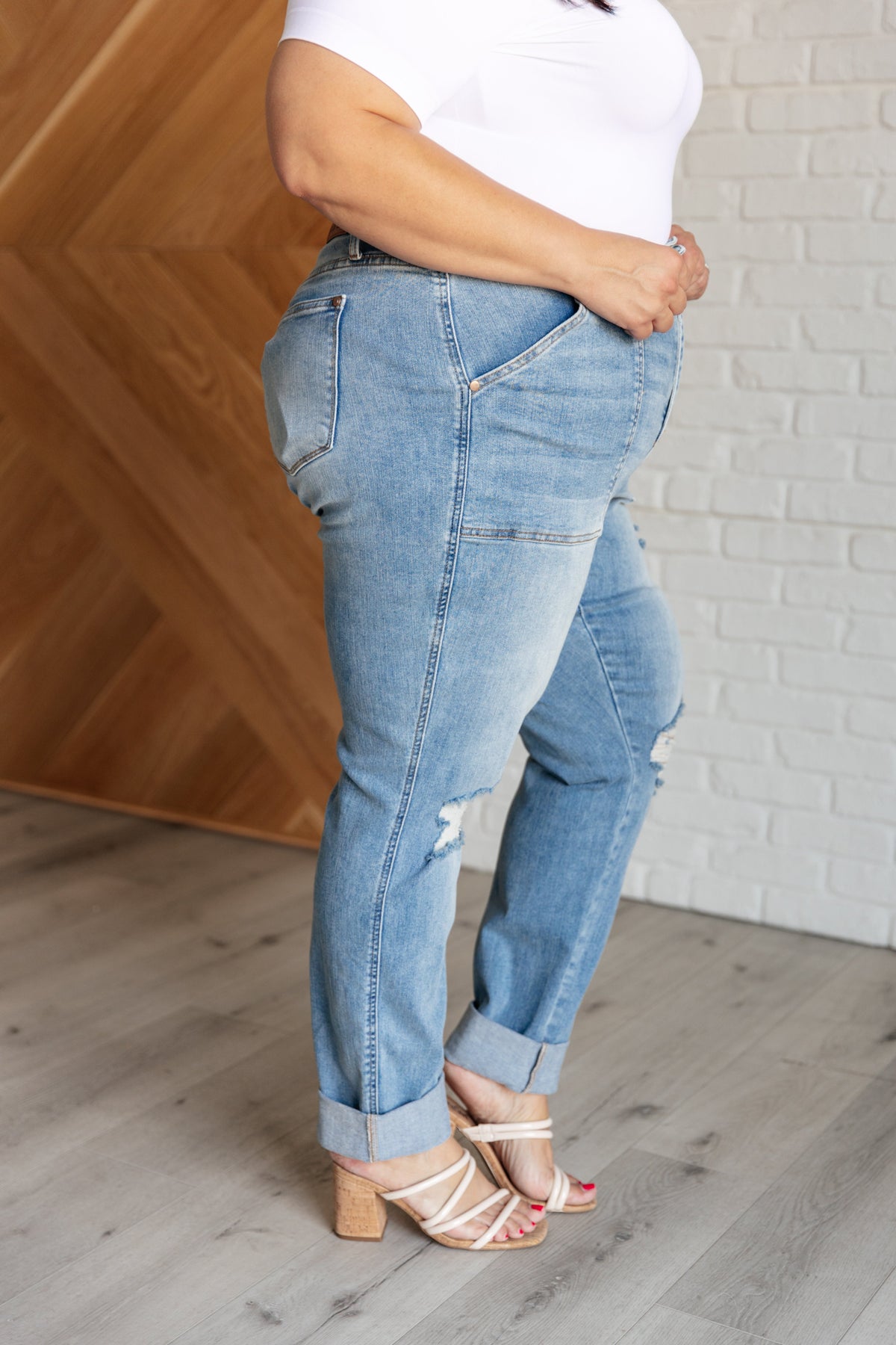 Aiden High Rise Patch Pocket Distressed Boyfriend Judy Blue Jeans