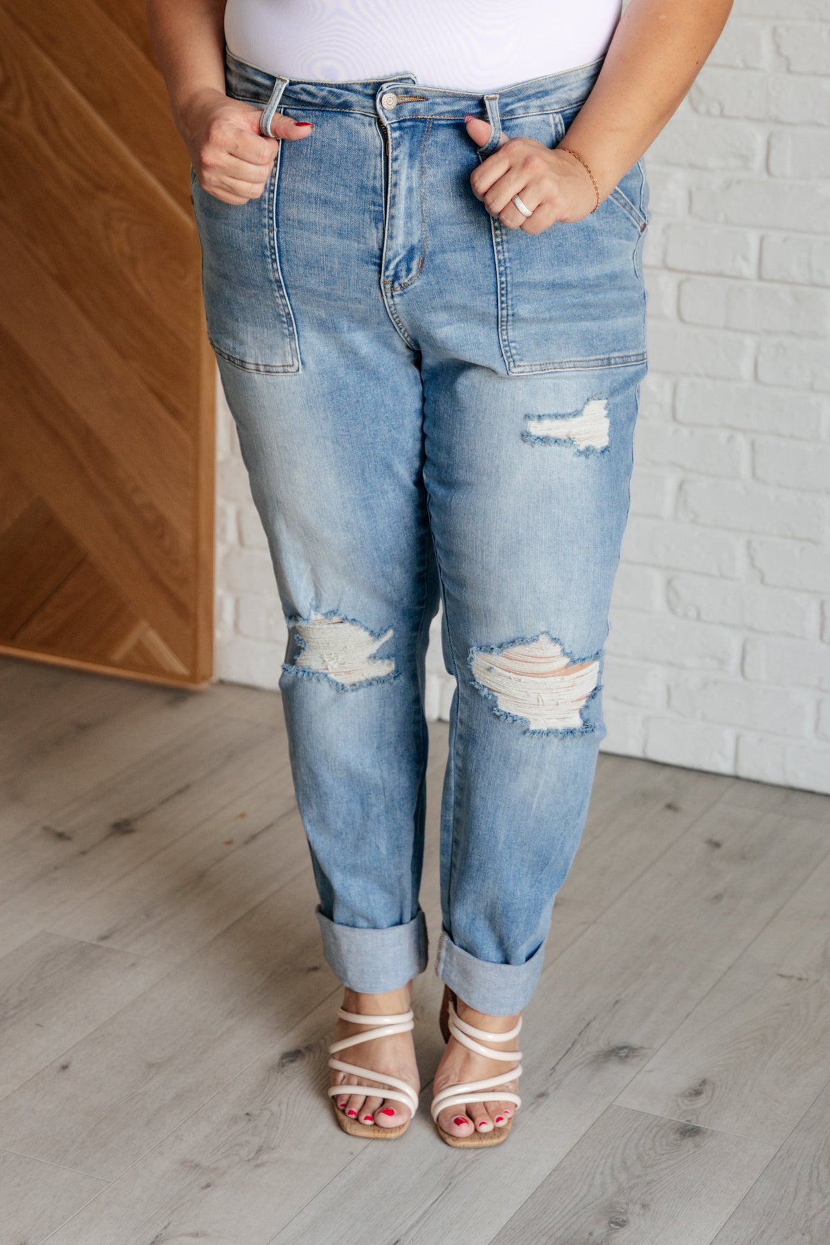 Aiden High Rise Patch Pocket Distressed Boyfriend Judy Blue Jeans