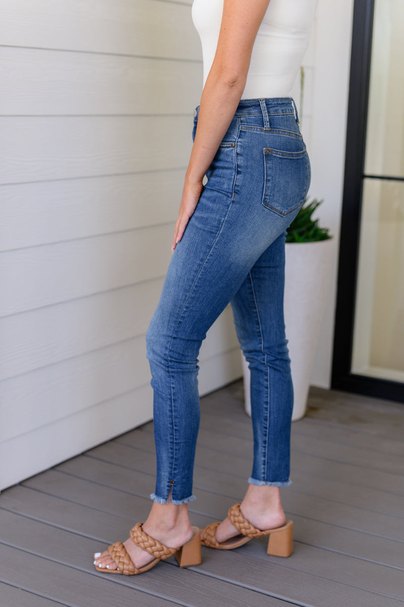 Amy High Rise Control Top Side Slit Skinny Judy Blue Jeans