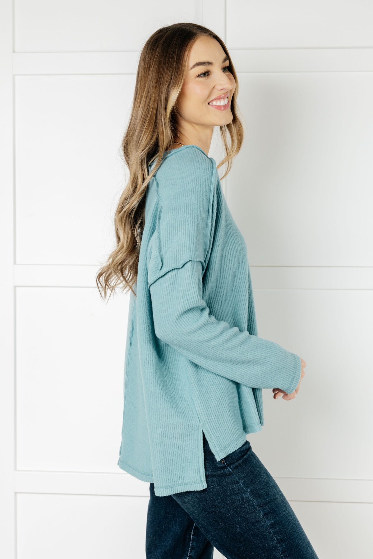 Basically Freezing Brushed Hacci Top in Dusty Teal