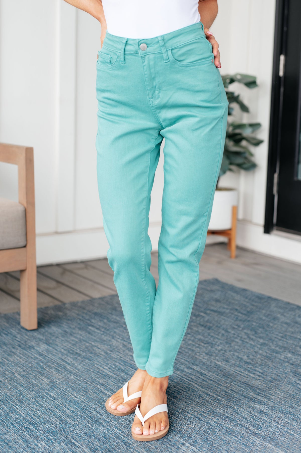 Bridgette High Rise Garment Dyed Slim Judy Blue Jeans in Aquamarine