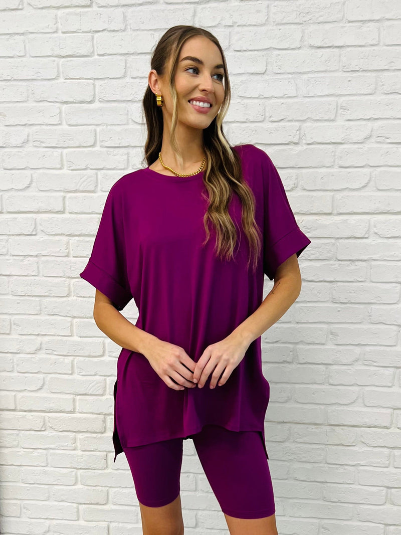 Comfy Cruising Top and Biker Shorts Set in Plum