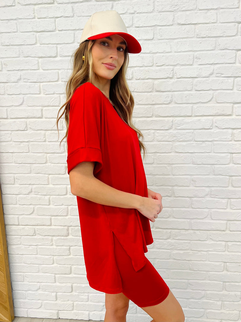 Comfy Cruising Top and Biker Shorts Set in Ruby Red