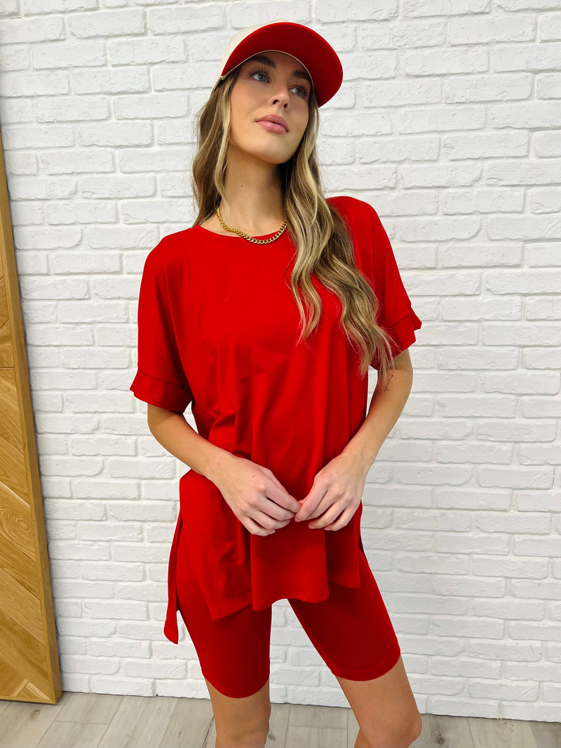 Comfy Cruising Top and Biker Shorts Set in Ruby Red