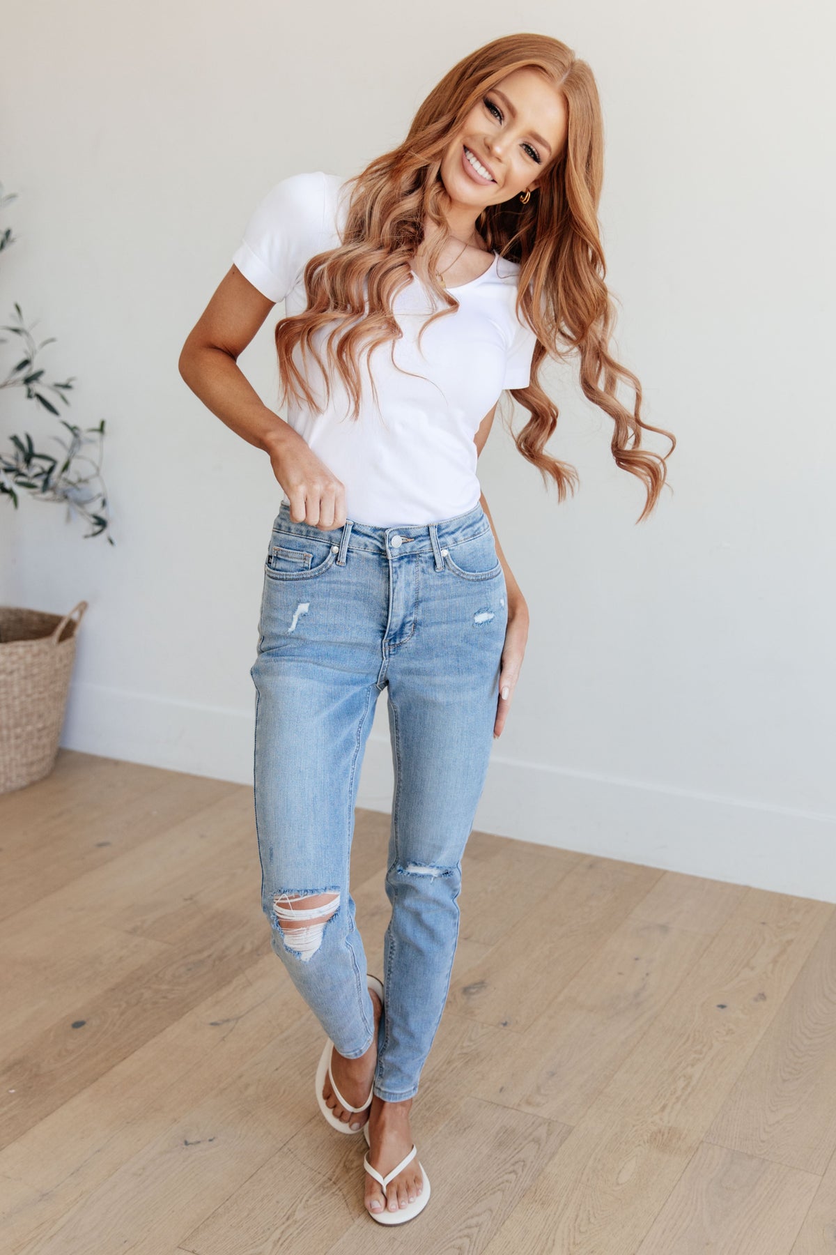 Eloise Mid Rise Control Top Distressed Skinny Judy Blue Jeans