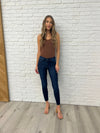 Fallon Mid Rise Adjustable Waist Raw Hem Skinny Judy Blue Jeans