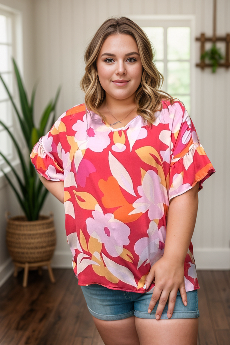 Floral In Coral Ruffle Sleeve