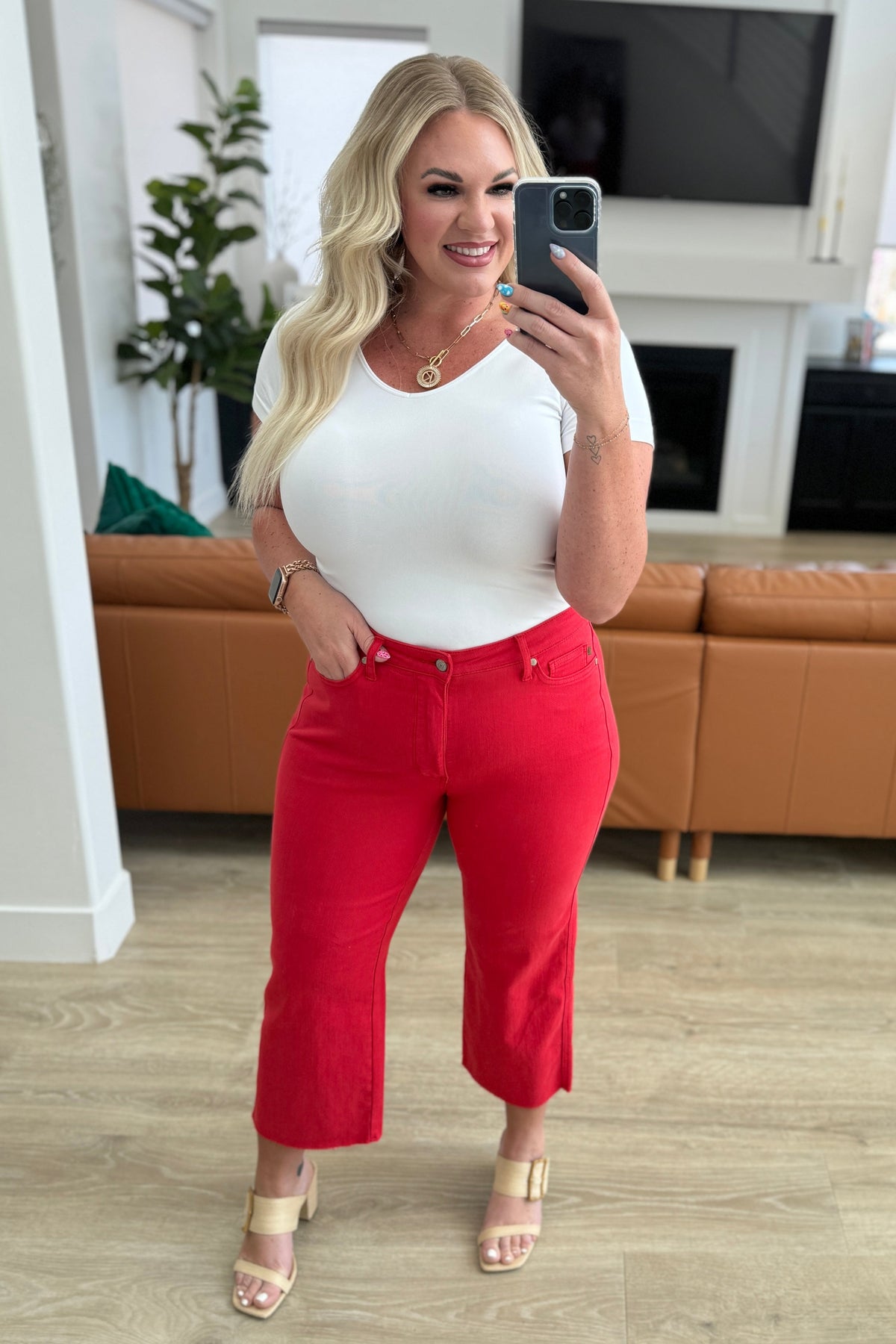 Lisa High Rise Control Top Wide Leg Crop Judy Blue Jeans in Red