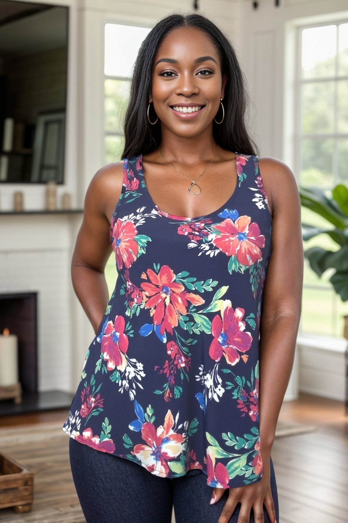 Indigo Floral Sleeveless Tank