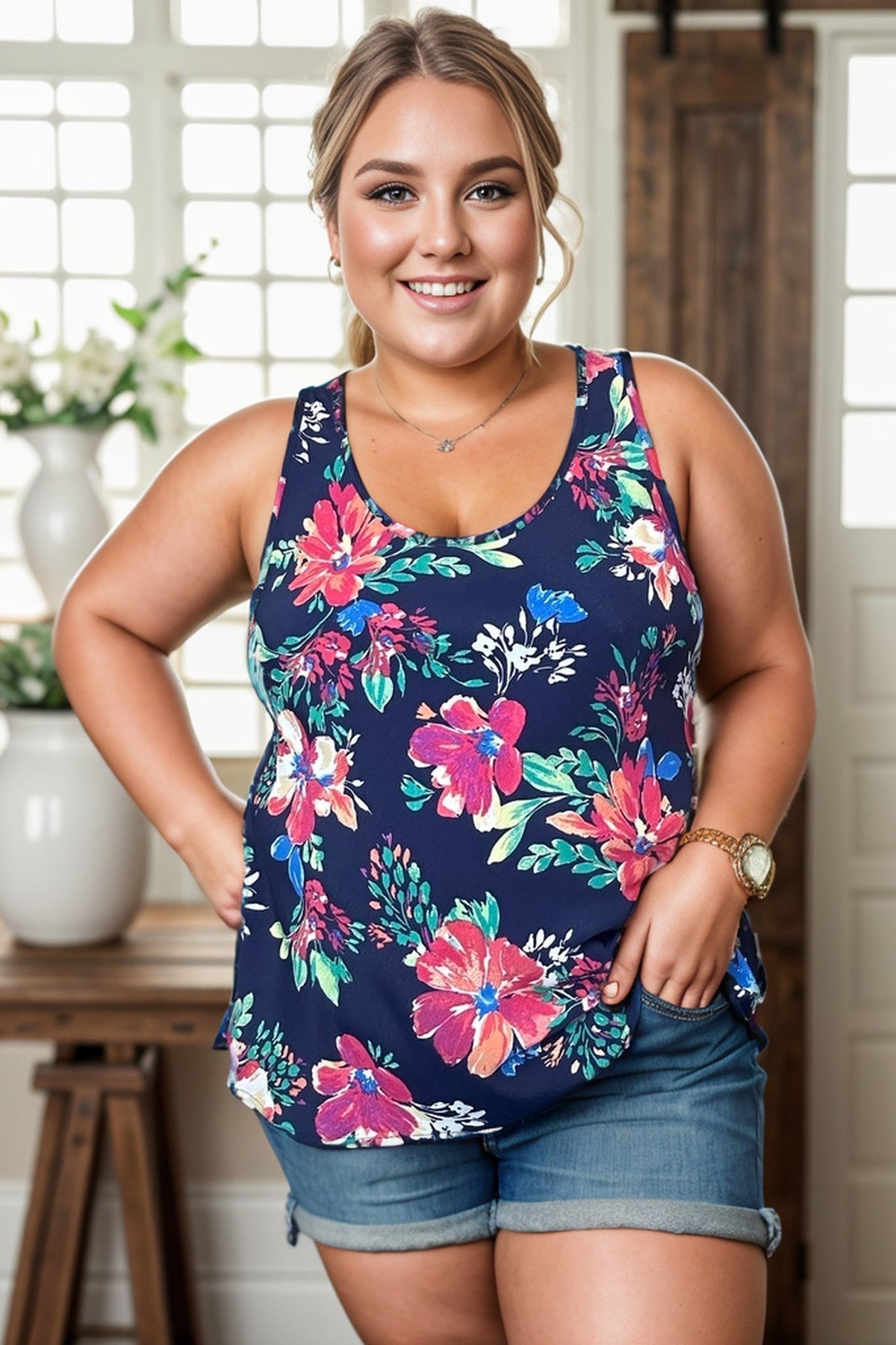 Indigo Floral Sleeveless Tank