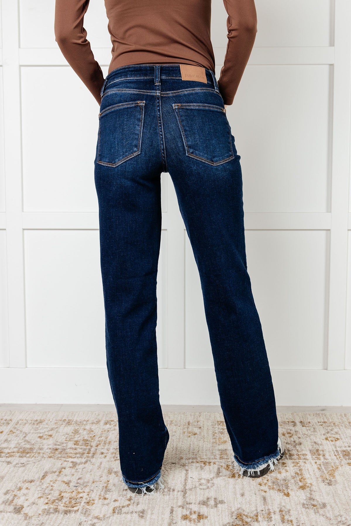 Jacqueline Mid Rise Frayed Hem Straight Leg Judy Blue Jeans