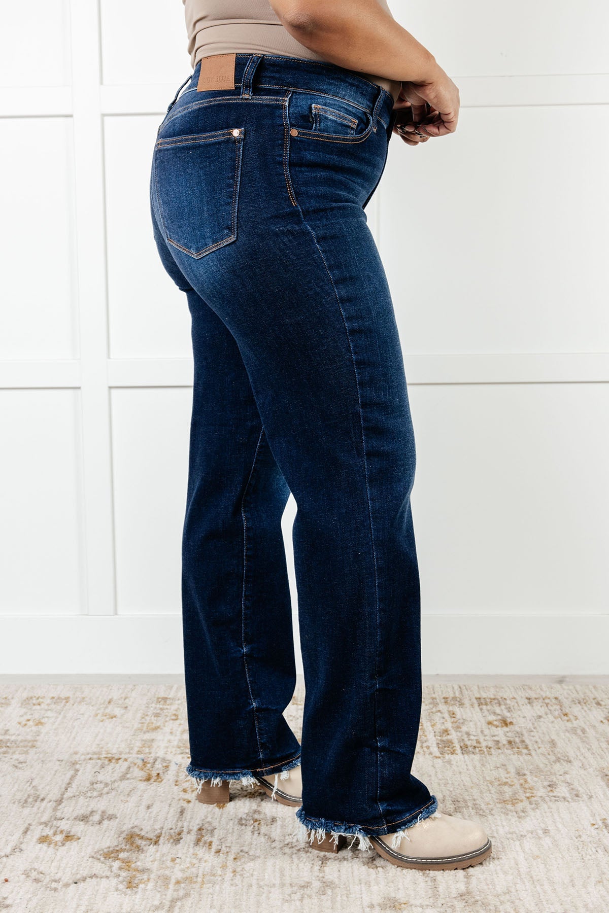 Jacqueline Mid Rise Frayed Hem Straight Leg Judy Blue Jeans