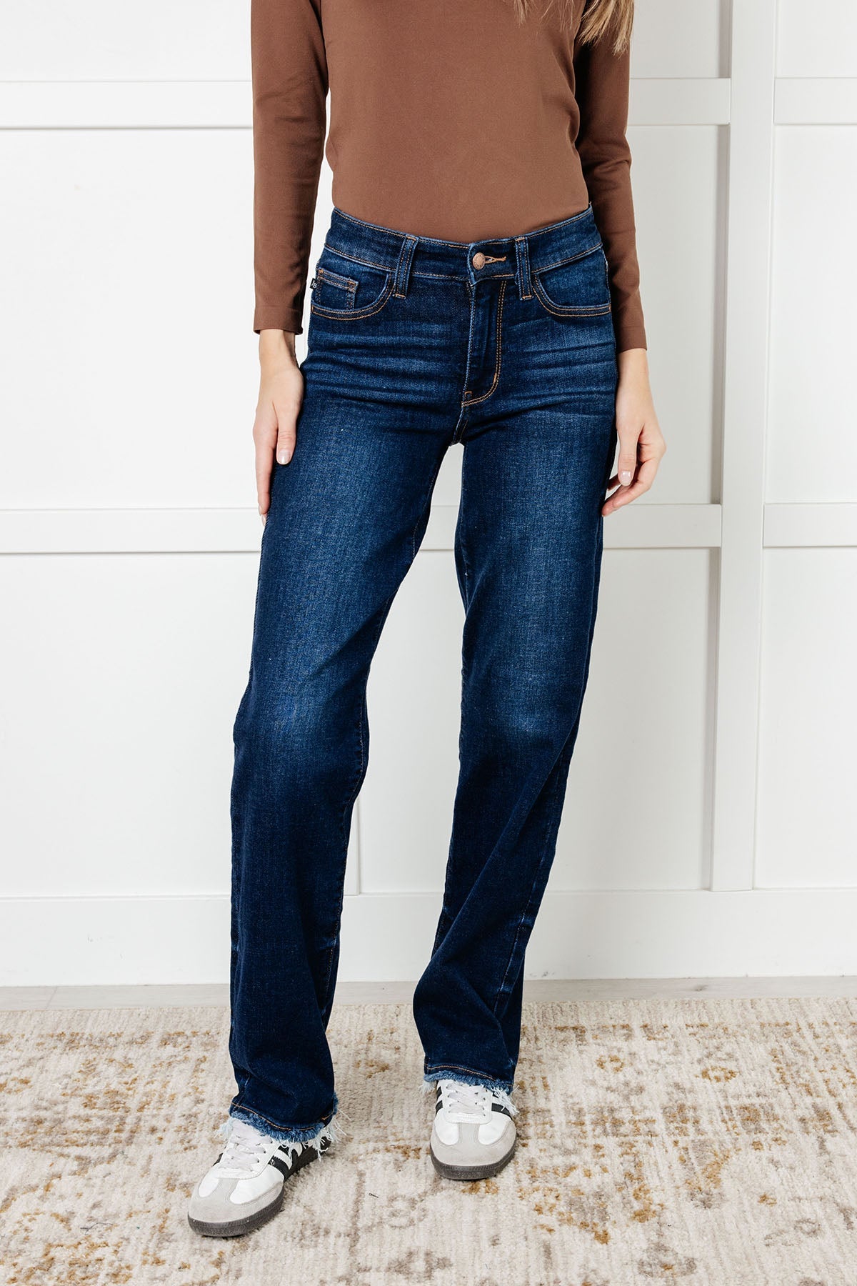 Jacqueline Mid Rise Frayed Hem Straight Leg Judy Blue Jeans