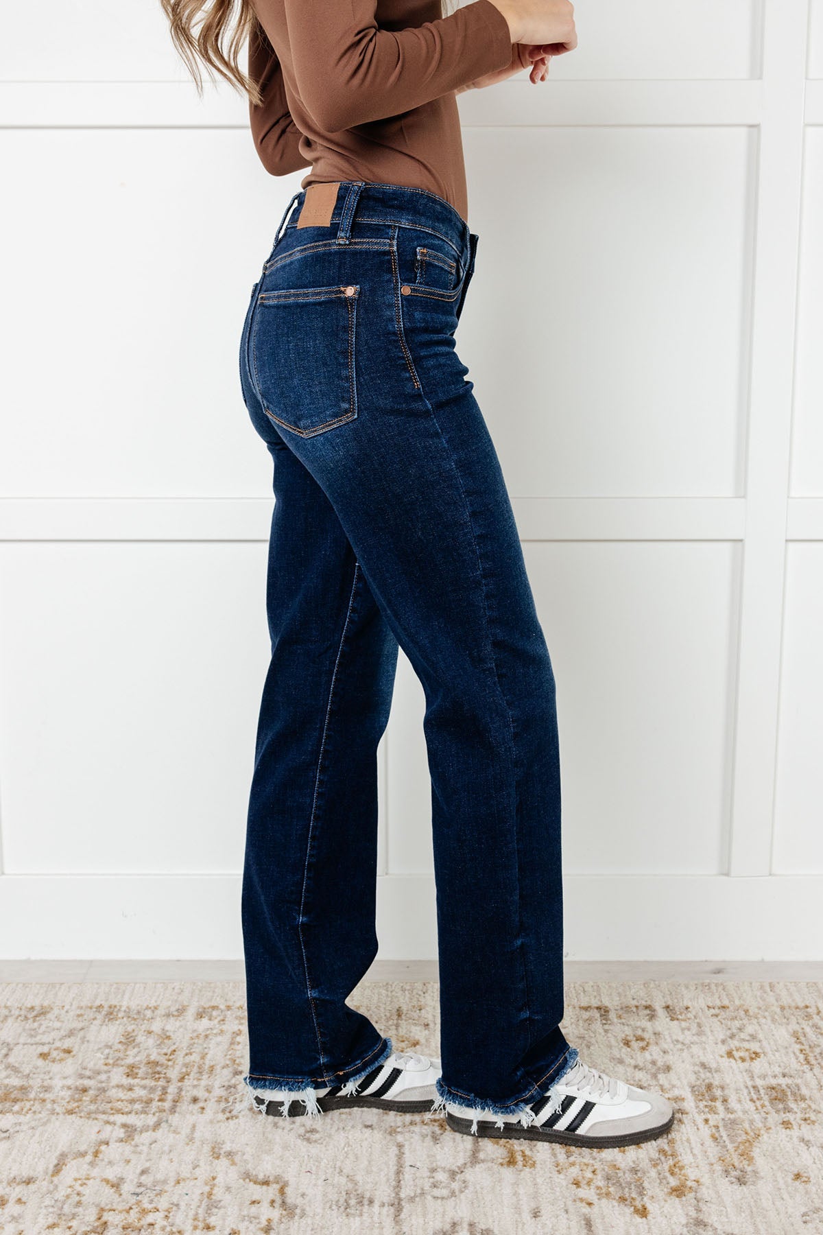 Jacqueline Mid Rise Frayed Hem Straight Leg Judy Blue Jeans