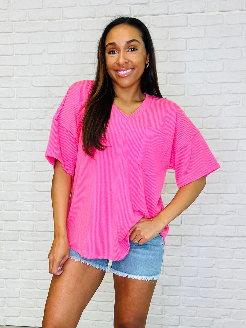Just a Casual Girly V-Neck Tee in Pink Paradise