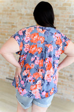 Lizzy Cap Sleeve Top in Dusty Blue and Coral Roses