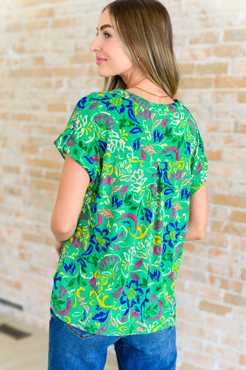 Lizzy Cap Sleeve Top in Green and Royal Watercolor Floral