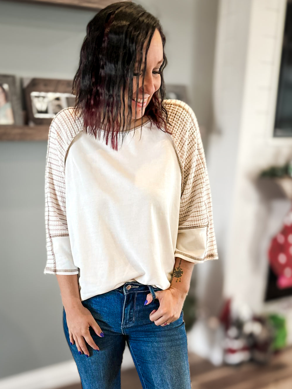 White Striped Raglan Top