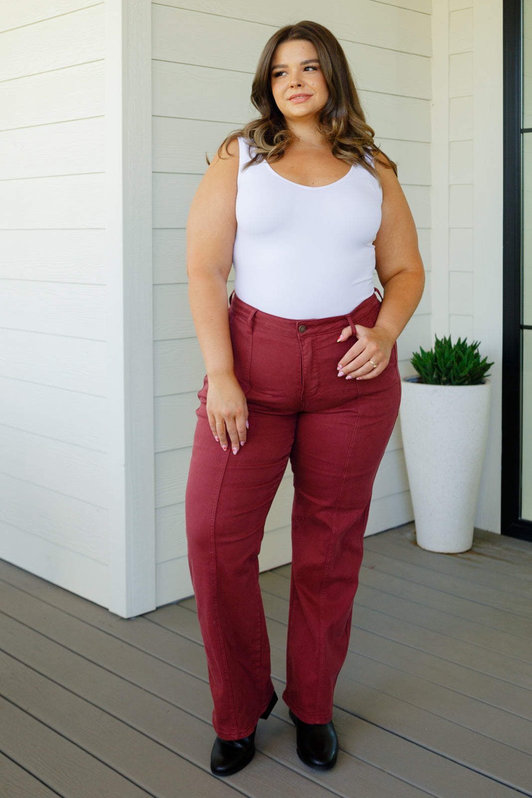 Phoebe High Rise Front Seam Straight Judy Blue Jeans in Burgundy