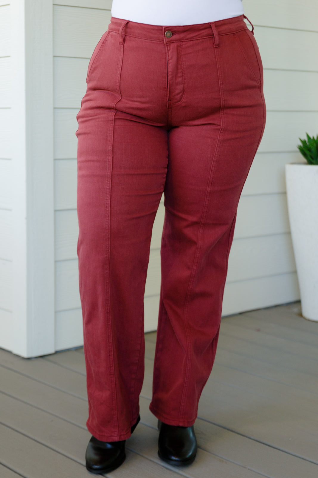 Phoebe High Rise Front Seam Straight Judy Blue Jeans in Burgundy