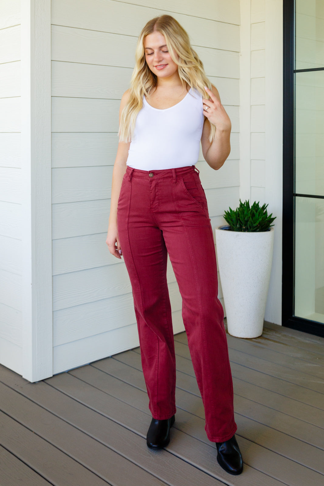 Phoebe High Rise Front Seam Straight Judy Blue Jeans in Burgundy