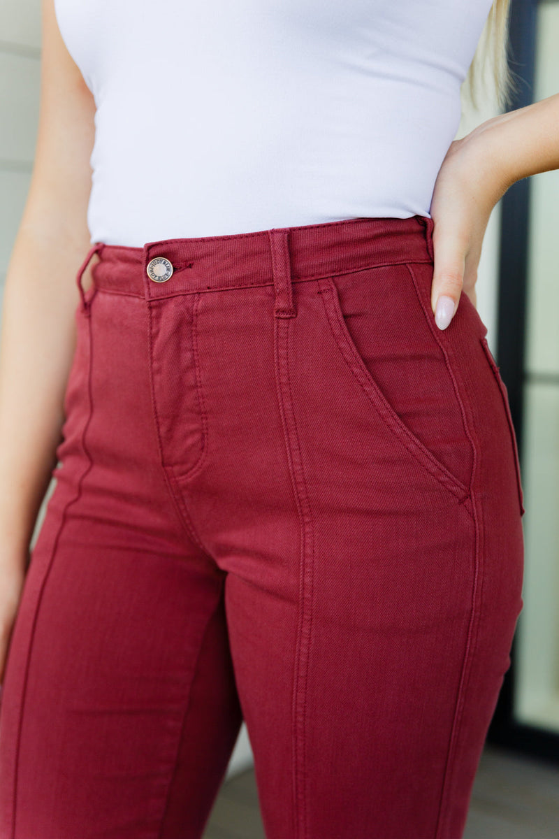Phoebe High Rise Front Seam Straight Judy Blue Jeans in Burgundy