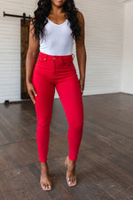 Ruby High Rise Control Top Garment Dyed Skinny Judy Blue Jeans in Red