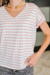 Stitched with Love V-Neck Top in Ivory and Red