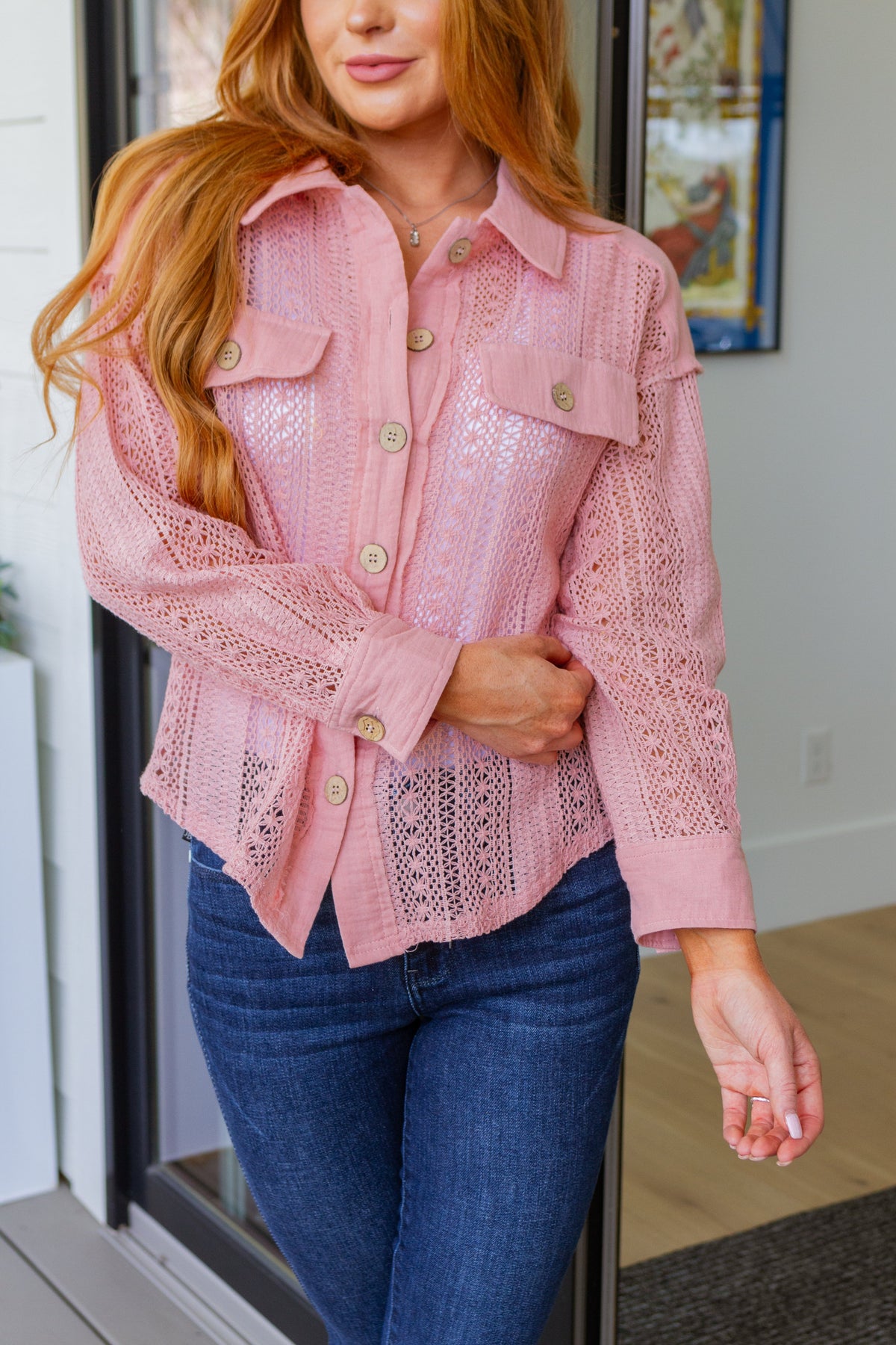 Sweeter Than Nectar Lace Button Down in Rose