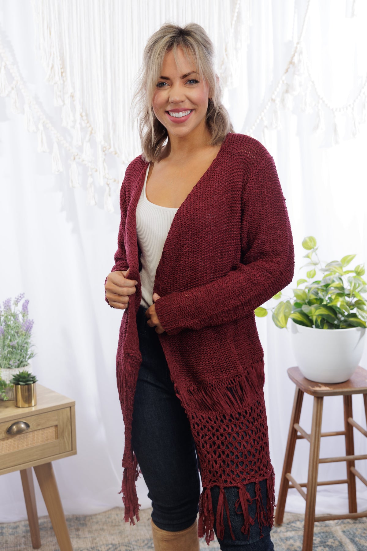 Tiana Fringed Cardigan in Wine