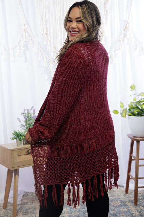 Tiana Fringed Cardigan in Wine