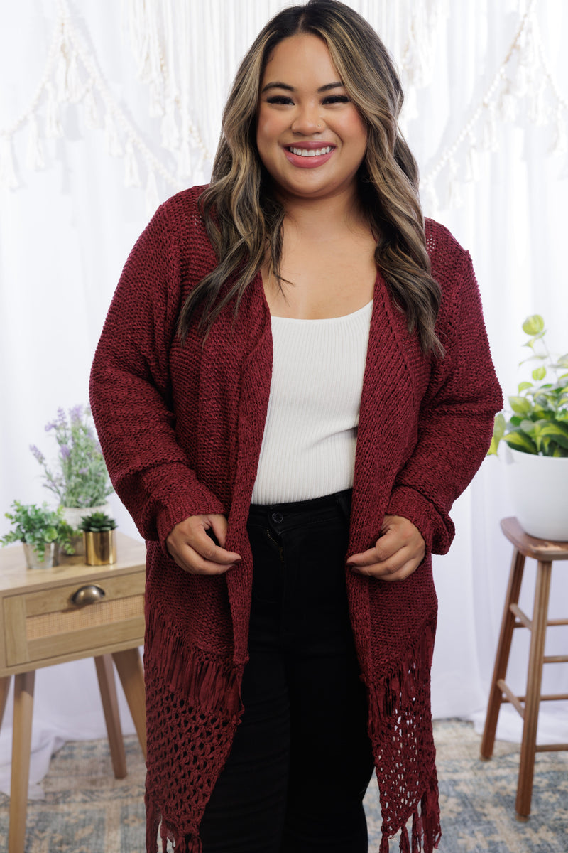 Tiana Fringed Cardigan in Wine