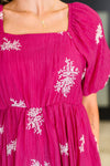 Twirl in Bloom Square Neck Dress in Hot Pink