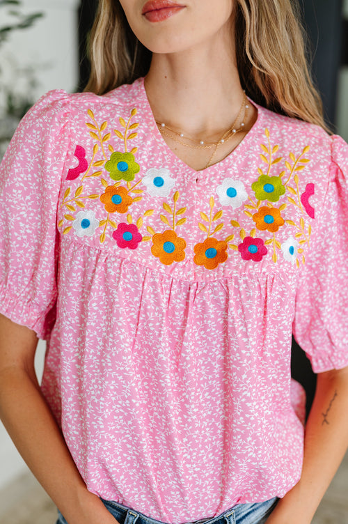 Wander Bloom Embroidered Puff Sleeve Blouse in Pink