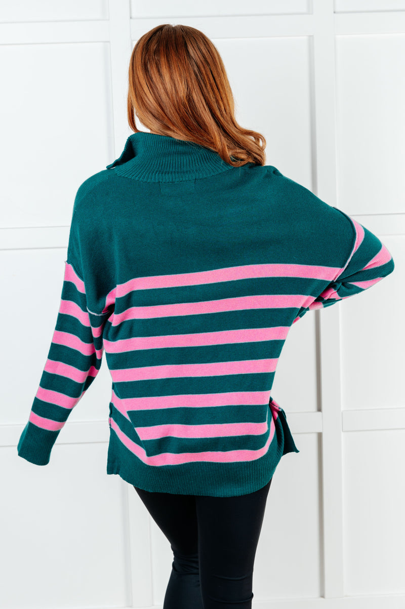 Well Situated Striped Quarter Zip Sweater in Green and Pink